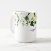 白エレガントフローラ名前をカスタムする コーヒーマグカップ (正面左)