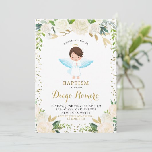 白エレガントフローラ天使の少年バプテスマ 招待状 (スタンド正面)