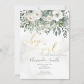 白エレガントフローラ少年または女の子の性別の表示 招待状 (正面)