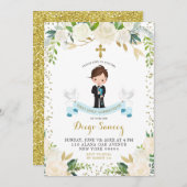 白エレガントフローラ少年ファースト・ホリー・コミュニオン 招待状 (正面/裏面)