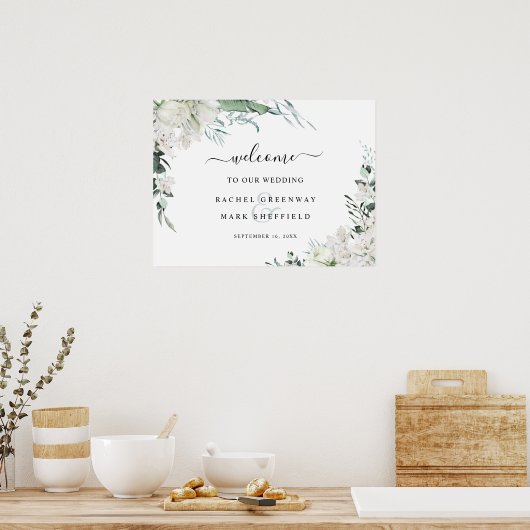 白エレガントフローラ樹結婚生歓迎 ポスター (キッチン)