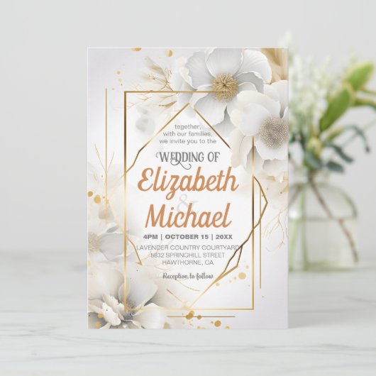 白エレガントフローラ水の色結婚のフレーム 招待状 (スタンド正面)