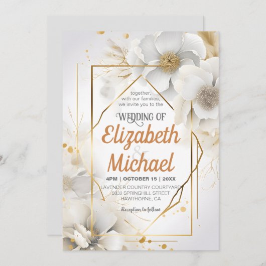 白エレガントフローラ水の色結婚のフレーム 招待状 (正面/裏面)