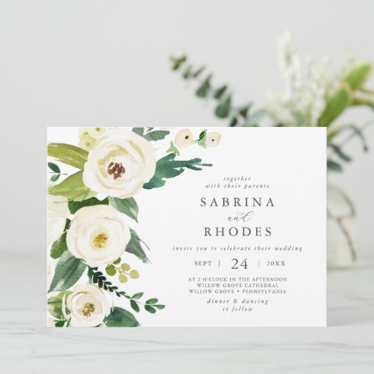 白エレガントフローラ水平結婚値 招待状 (スタンド正面)