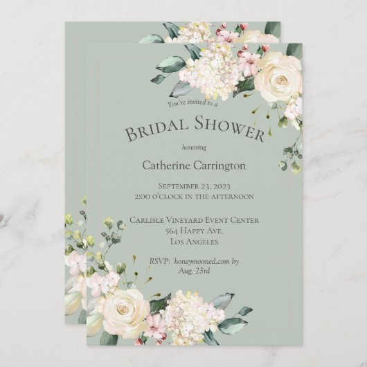 白エレガントフローラ水彩ブライダルシャワー 招待状 (正面/裏面)