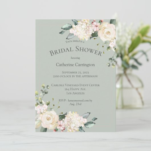 白エレガントフローラ水彩ブライダルシャワー 招待状 (スタンド正面)