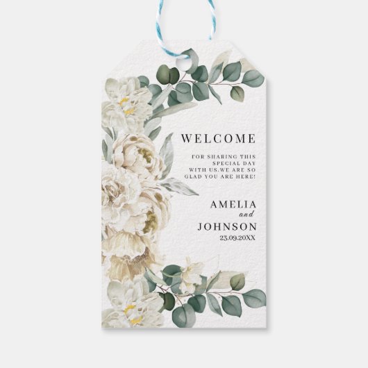 白エレガントフローラ結婚の歓迎 ギフトタグ (裏面)