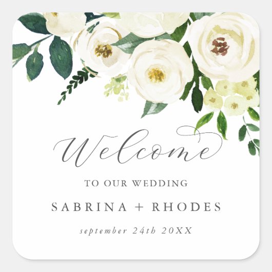 白エレガントフローラ結婚歓迎 スクエアシール (正面)