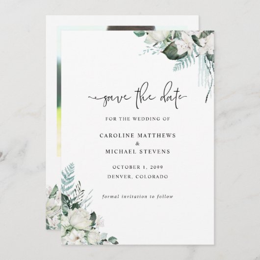 白エレガントフローラ緑の結婚写真 セーブザデート (正面/裏面)