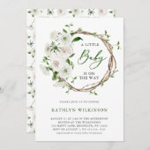 白エレガントフローラ緑シンプル園ベイビーシャワー 招待状 (正面/裏面)