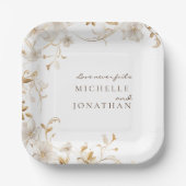 白エレガントフローラ聖句モダン結婚の ペーパープレート (正面)
