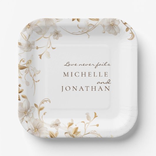 白エレガントフローラ聖句モダン結婚の ペーパープレート (正面)