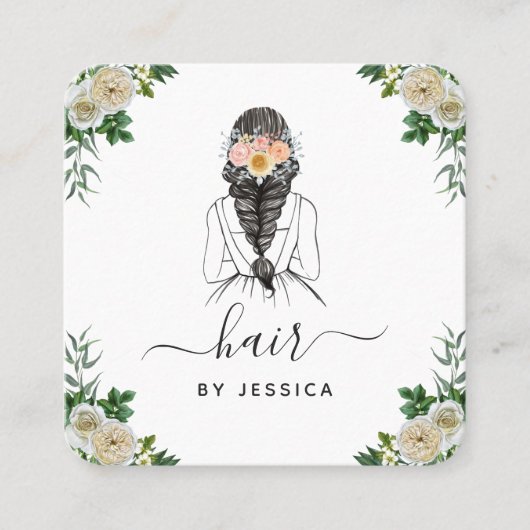 白エレガントフローラ花嫁ヘアスタイル編みQRコード スクエア名刺 (正面)