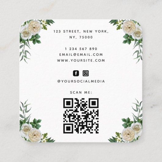白エレガントフローラ花嫁ヘアスタイル編みQRコード スクエア名刺 (裏面)