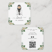 白エレガントフローラ花嫁ヘアスタイル編みQRコード スクエア名刺 (正面/裏面)