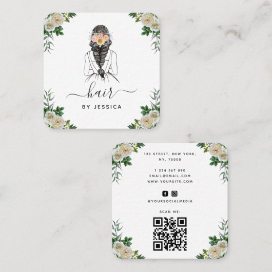 白エレガントフローラ花嫁ヘアスタイル編みQRコード スクエア名刺 (正面/裏面)