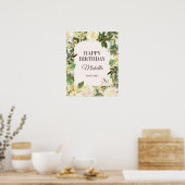 白エレガントフローラ葉ハッピーバースデーパーティー ポスター (キッチン)