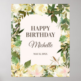 白エレガントフローラ葉ハッピーバースデーパーティー ポスター