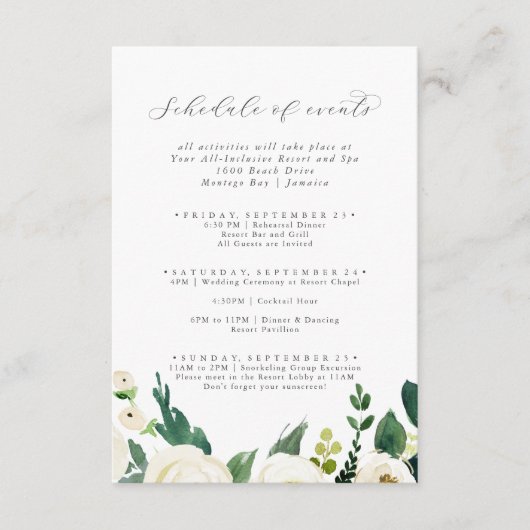 白エレガントフローラ週末イベント エンクロージャーカード (正面)