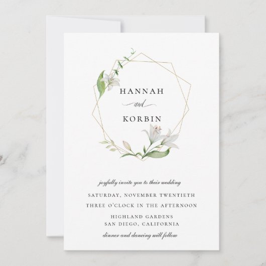 白エレガントフローラ金ゴールド幾何結婚フレーム 招待状 (正面)