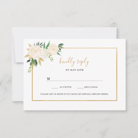 白エレガントフローラ金ゴールド結婚式 出欠カード (正面)