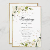 白エレガントフローラ金ゴールド結婚緑 招待状 (正面/裏面)
