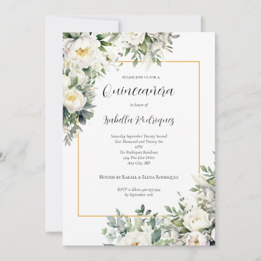 白エレガントフローラ金ゴールド縁どキンセアニラ 招待状 (正面)