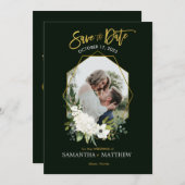 白エレガントフローラ金ゴールド黒の幾何学的な写真 セーブザデート (正面/裏面)