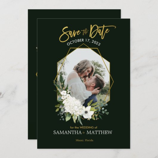 白エレガントフローラ金ゴールド黒の幾何学的な写真 セーブザデート (正面/裏面)