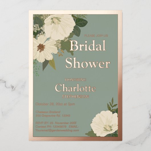 白エレガントフローラ開花ブライダルシャワーセージと 箔招待状 (正面)