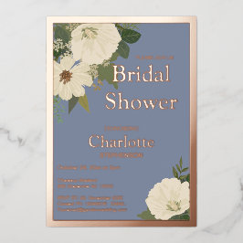 白エレガントフローラ開花ブライダルシャワーブルー 箔招待状