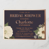 白エレガントフローラ開花ブライダルシャワー炭 箔招待状 (正面)