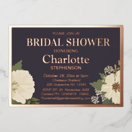 白エレガントフローラ開花ブライダルシャワー炭 箔招待状