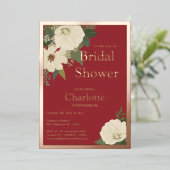 白エレガントフローラ開花ブライダルシャワー赤と 箔招待状 (立ち正面)