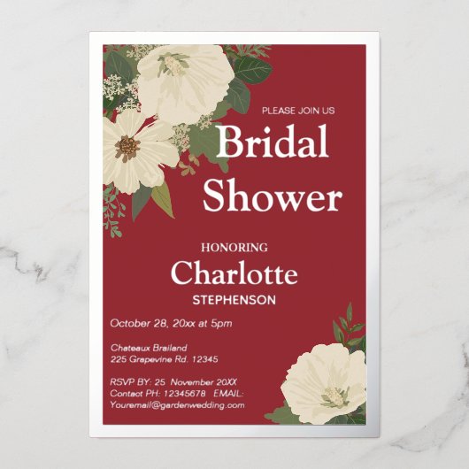 白エレガントフローラ開花ブライダルシャワー赤と 箔招待状 (正面)