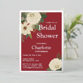 白エレガントフローラ開花ブライダルシャワー赤と 箔招待状 (立ち正面)