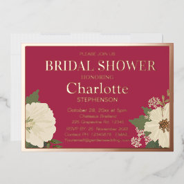 白エレガントフローラ開花ブライダルシャワー赤 箔招待状