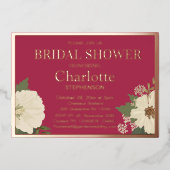 白エレガントフローラ開花ブライダルシャワー赤 箔招待状 (正面)