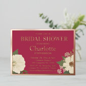 白エレガントフローラ開花ブライダルシャワー赤 箔招待状 (立ち正面)