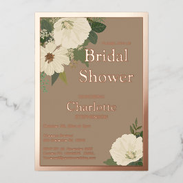 白エレガントフローラ開花ブライダルシャワー 箔招待状