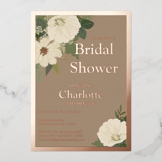 白エレガントフローラ開花ブライダルシャワー 箔招待状 (正面)