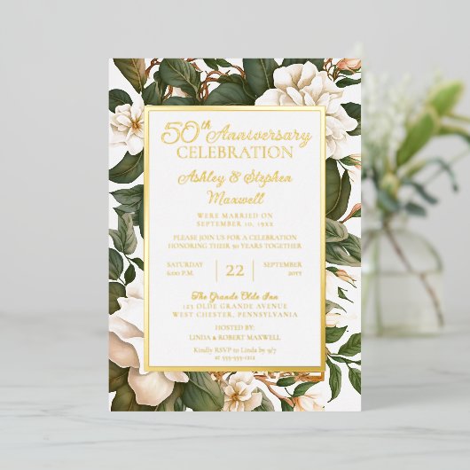 白エレガントフローラ50結婚周年 箔招待状 (立ち正面)