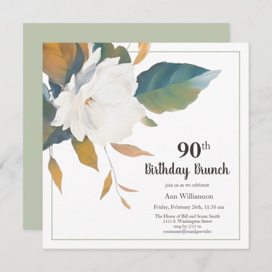 白エレガントフローラ90th誕生日パーティー 招待状 (正面/裏面)