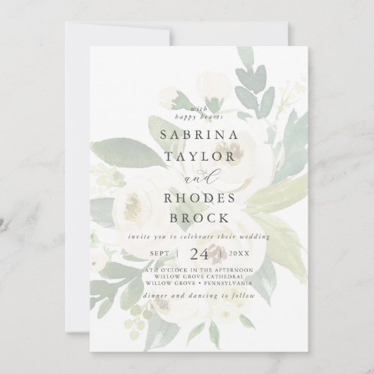 白エレガントフローラ |赤面ムーヴ色あせ結婚た 招待状 (正面)