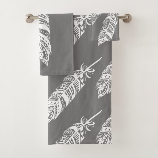 白エレガントボヘミアン部族羽毛&グレー バスタオルセット (インサイチュ)