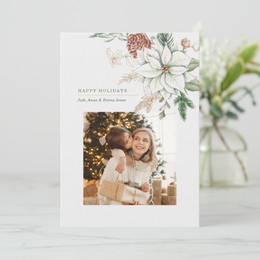 白エレガントポインセチアと松の写真 シーズンカード (スタンド正面)