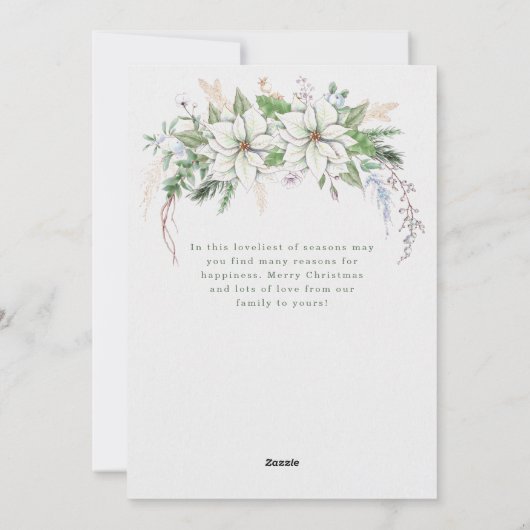 白エレガントポインセチアと松の写真 シーズンカード (裏面)