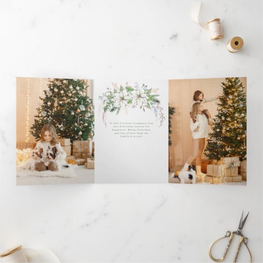 白エレガントポインセチアと松の写真 三つ折りカード (内部)