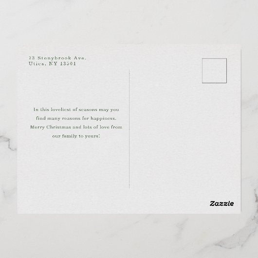 白エレガントポインセチアと松の写真 箔シーズンポストカード (裏面)