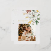 白エレガントポインセチアと松の写真 箔シーズンポストカード (正面/裏面)